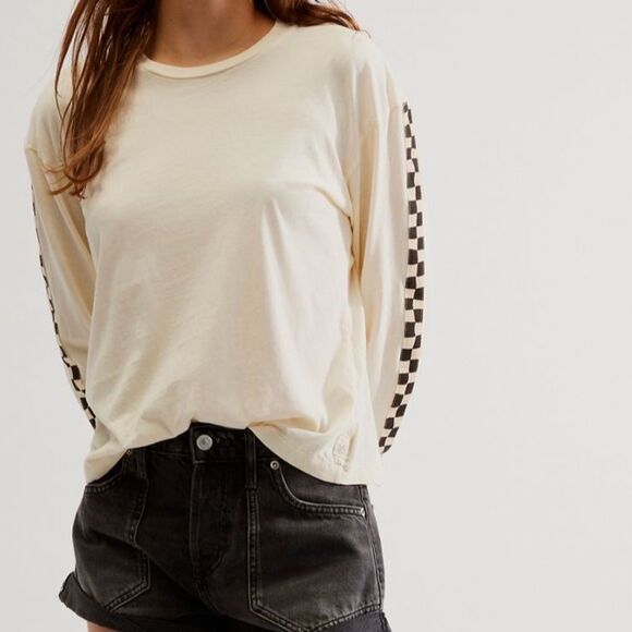 Free People x Ragabond Studio Vintage Checker Long-Sleeve Ivory M - Picture 1 of 10